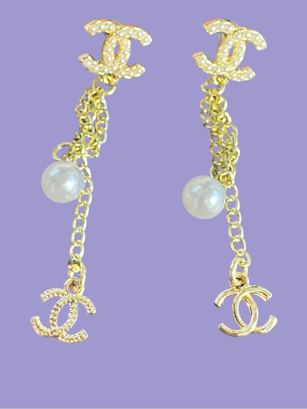 Gold Pearl Drop CC Logo Earrings